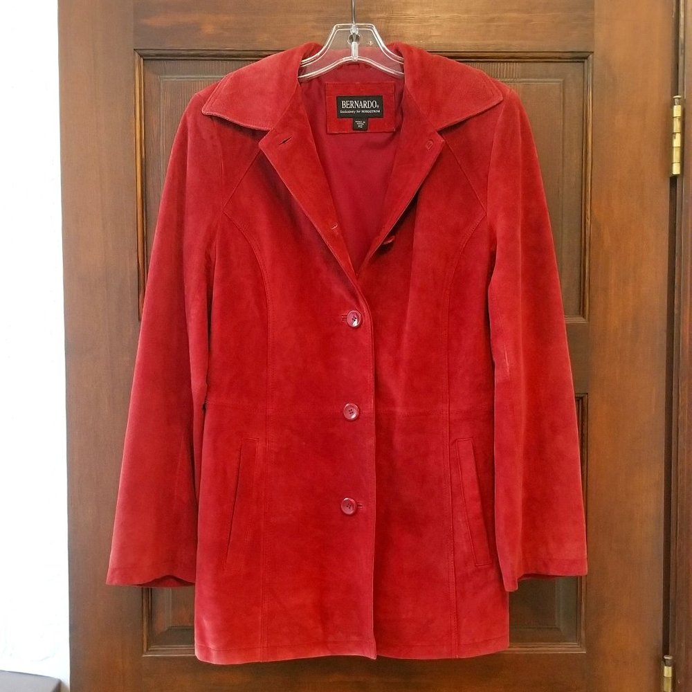 Bernardo, soft red suede jacket with collar, above the knee length